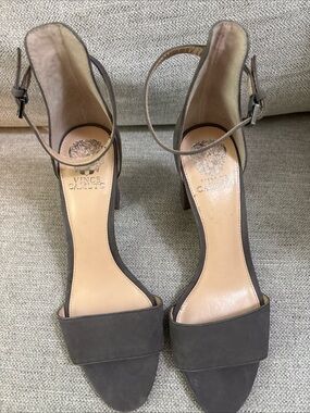 Vince Camuto Gray Taupe Suede Ankle-Strap Block Heels